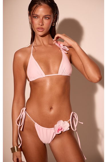 Pink Tie Side Flower Trim Bikini Bottoms