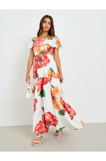 White Floral Off Shoulder Maxi Dress