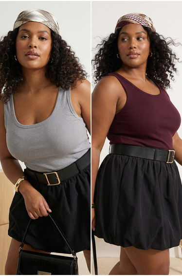 Burgundy-Grey Basic Pool Collar 2-Pack Camisole Knitted Plus Size Undershirt