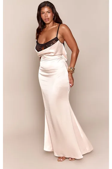 Shape Nude Satin Contrast Lace Trim Maxi Dress