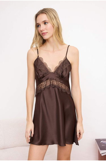 Brown 100% Polyester Plain Satin Woven Nightgown