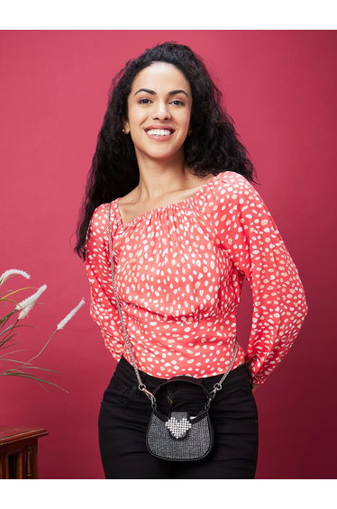 Women Orange All-Over Print Smocked Top with Square Neck
