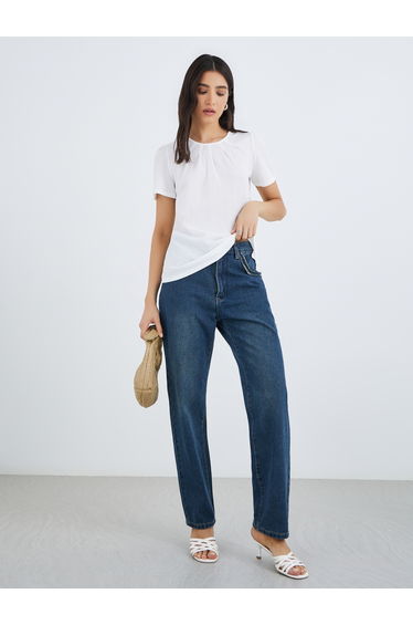 Solid Round Neck Pleated Detail Top