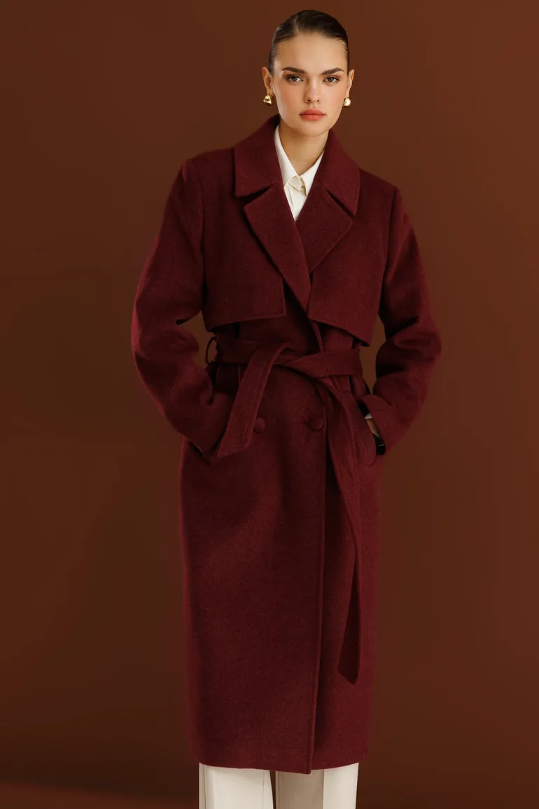 Mizalle Wool Stitched Textured Long Trench Coat - 3