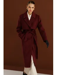 Mizalle Wool Stitched Textured Long Trench Coat - 1