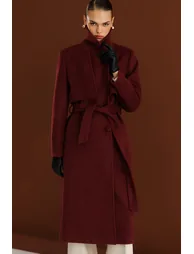 Mizalle Wool Stitched Textured Long Trench Coat - 2