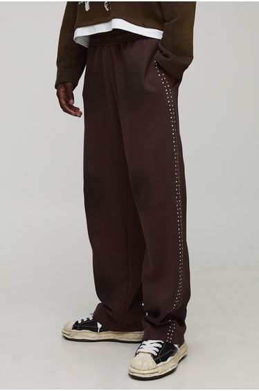 Baggy Fit Rhinestone Spray Washed Joggers - brown
