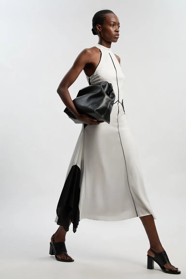 Petite Colour Block Fluid Tencel Halter Neck Woven Maxi Dress