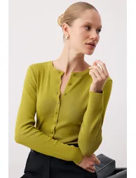 Oil Green Soft Texture Polo Collar Detailed Knitwear Cardigan - 1