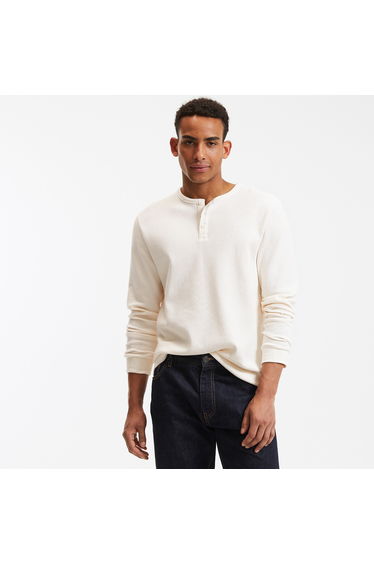 Cotton Grandad Collar T-Shirt with Long Sleeves