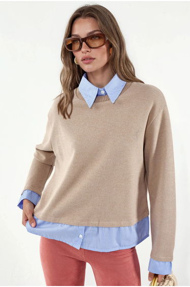 BUSEM Women's Cotton-Blend Ribbed Crew Neck Sweater