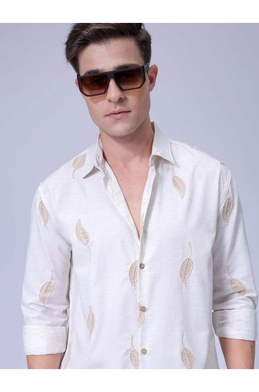 Men Off White Relaxed Fit Embroidered Shirt