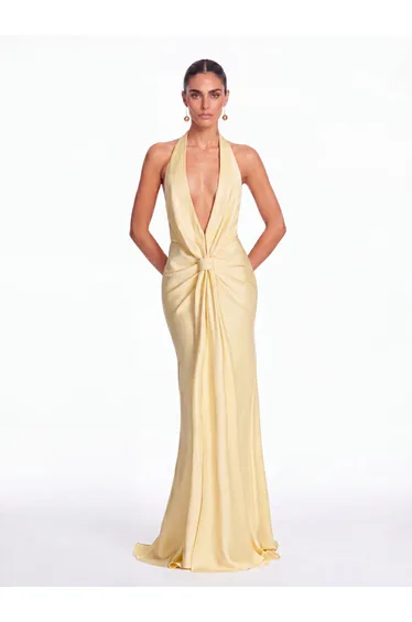 Leoran Plunge Neck Satin Maxi Dress In Yellow