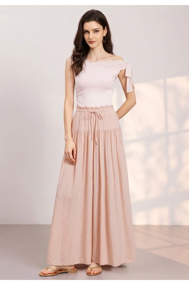 Drawstring Waist Gathered Wide-Leg Pants in Nude Pink for Casual Office & Weekend Vacation