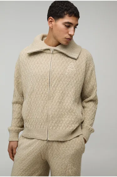 Regular Fit 1/4 Zip Funnel Neck Embroidered Knitted Sweater - taupe