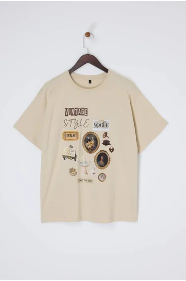 Stone 100% Cotton Printed Oversize Fit Crew Neck Large Size Knitted T-Shirt