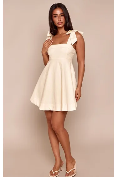 Petite Natural Tie Shoulder Foldover Flowy Linen Mini Dress