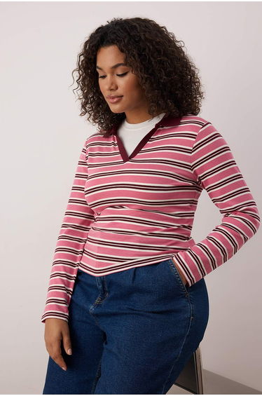 Pink ribbed knit plus size blouse