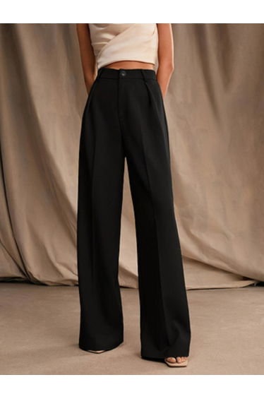 Black Solid High Rise Straight Leg Pants