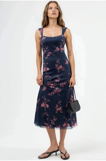 Floral Midi Dress with Heart Collar