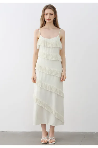 Playful Fringe Textured Cami Dress in Cream