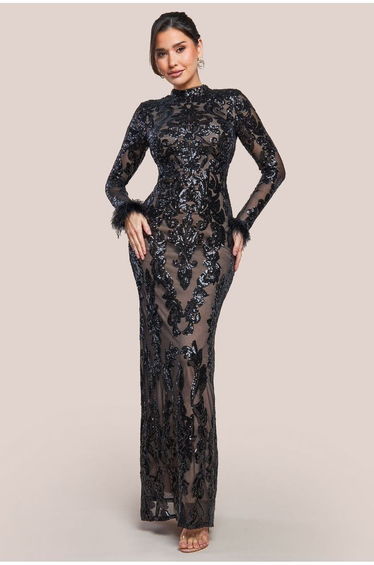 Goddiva Sequin High Neck Feather Cuff Maxi - Black