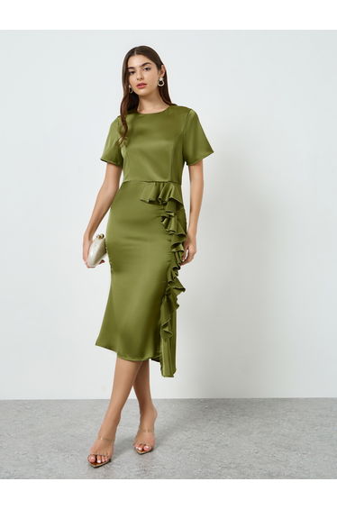 Women Green Ruffle Detail Sheath Midi Dress