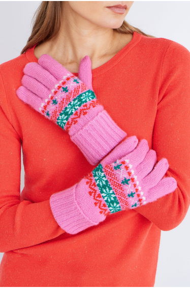 Yumi Pink Festive Fairisle Knitted Gloves