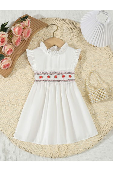 Girls White Ruffled Sleeve Embroidered Dress