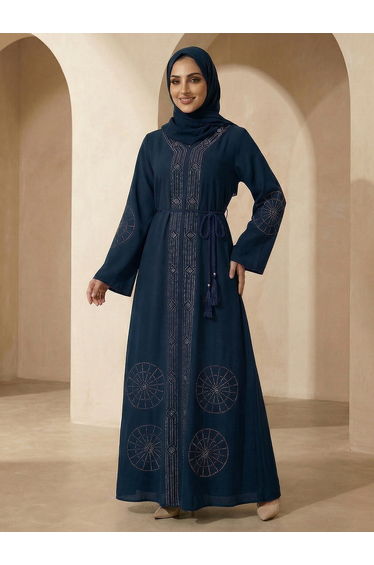 Women Navy Blue Embellished Abaya with Hijab