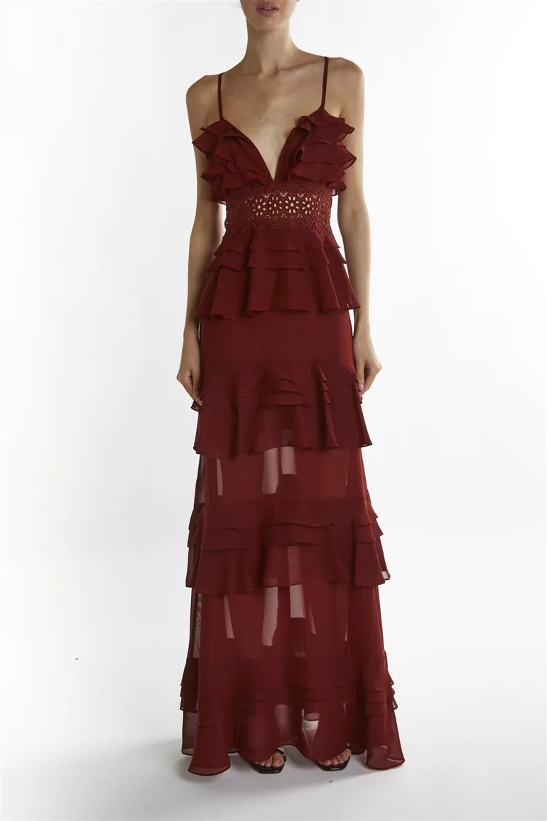 Shop Sophia Burgundy Plunge Front Tiered Ruffle Maxi-Dress Online in Oman