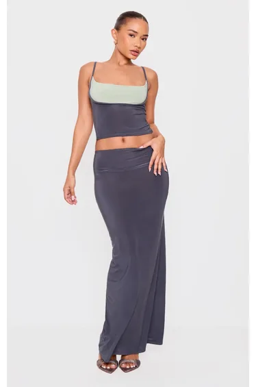 Petite Grey Slinky Low Waist Maxi Skirt