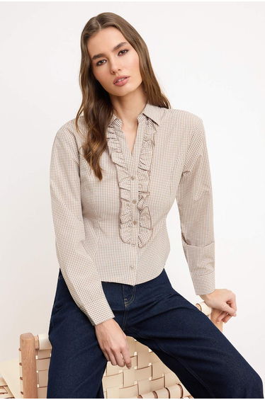 Brown Striped Waist Fitted Ruffled Shirt