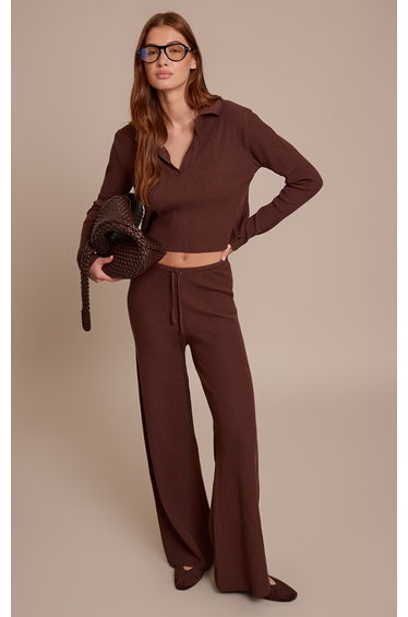 Chocolate Ribbed Wide Leg Knit Trousers