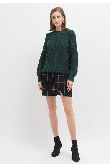 Black Grid Wool-Blend Mini Bud Skirt