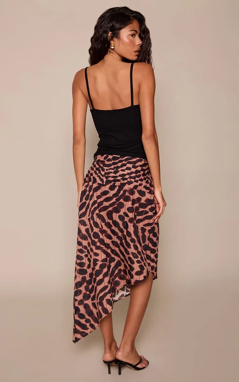 Abstract Animal Print Linen Waistband Detail Asymmetric Maxi Skirt - 2