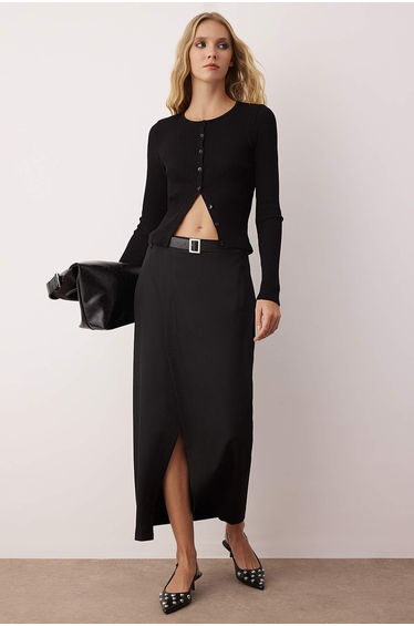 Black Front Slit Maxi Long Length Woven Skirt