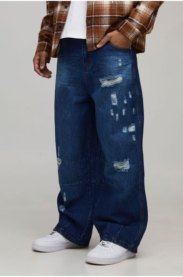 Barrel Distressed Knee Rip Jeans - mid blue