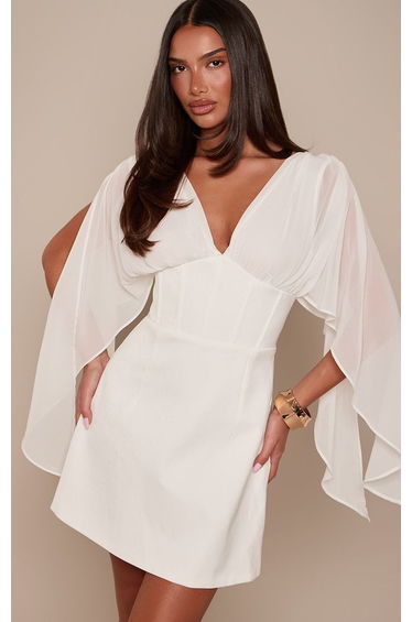 White Chiffon Drape Sleeve Corset Mini Dress