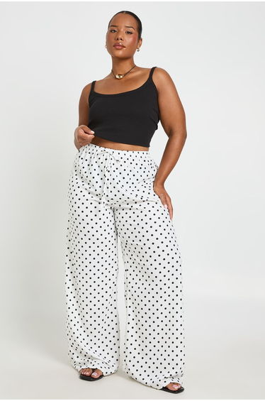 Plus Textured Polka Dot Jersey Wide Leg Trouser - white