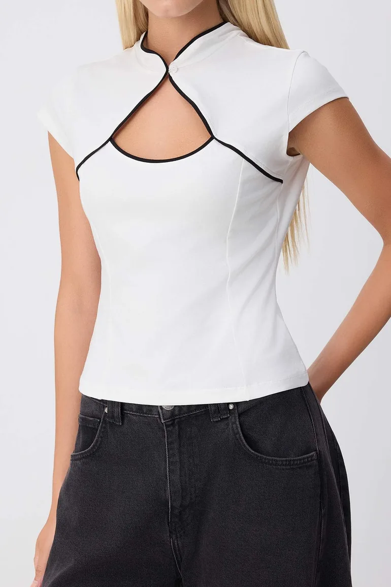 Ecru Plain Fitted/Slim Fit High Neck Ay Sleeve Piping Detailed Cotton Knitted Blouse - 2