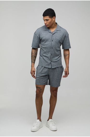 Jersey Marl Rib Regular Fit Shirt & Short Set - black