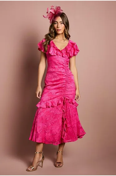 Frill V Neck Jacquard Midaxi Wedding Guest Dress