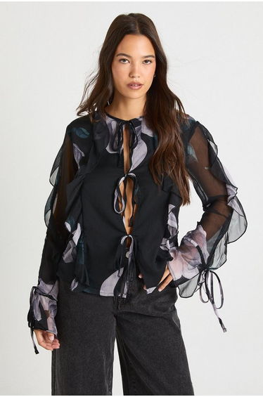 Floral Chiffon Tie Front Blouse - black