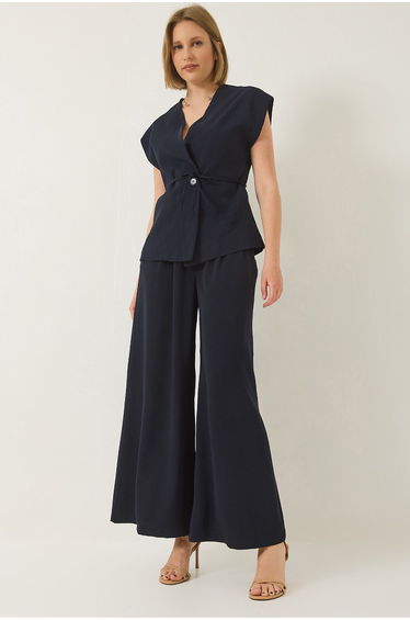 Women's Double Breasted Waist Tied Lined Vest Pleated Wide Trousers Suit