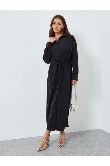 Women Black Shirt Maxi Dress with Waist Drawstring