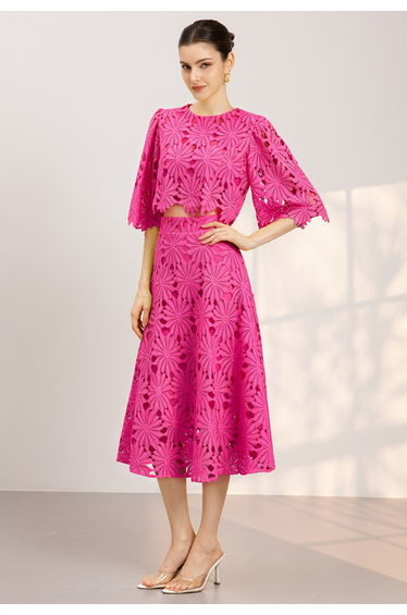 Refined Guipure Lace Crop Top and Midi Skirt Set in Hot Pink for Bridal Brunch & Tea Party