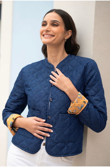 Yumi Blue Chambray Quilted Jacket With Reversible Floral Lining
