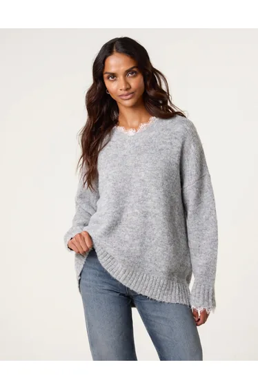 سترة بلو فانيلا رمادي محبوك بأكمام طويلة