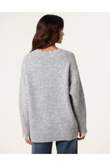 سترة بلو فانيلا رمادي محبوك بأكمام طويلة